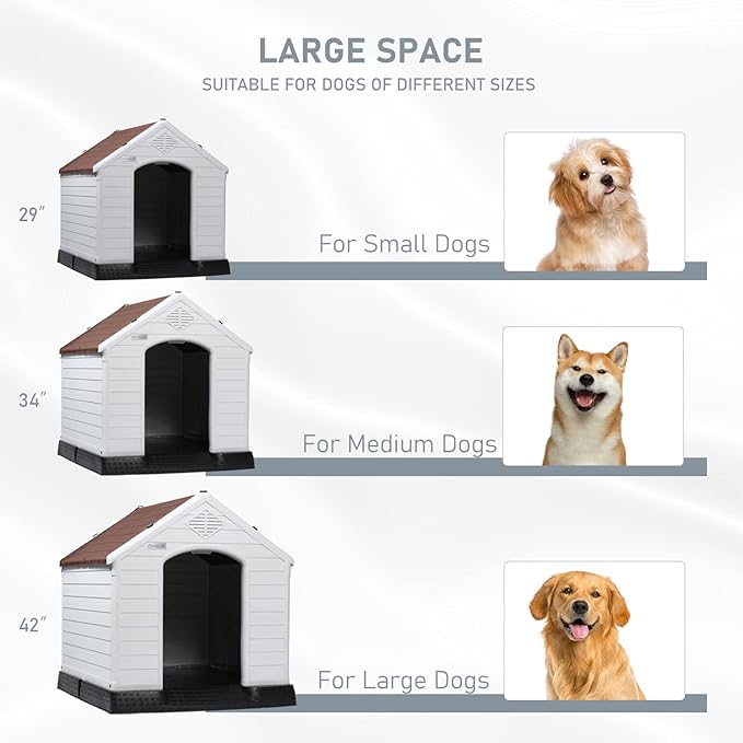 LEMBERI Durable Waterproof Plastic Dog House for Small to Large Sized Dogs, Indoor Outdoor Doghouse Puppy Shelter with Elevated Floor, Easy to Assemble (Brown, 42&