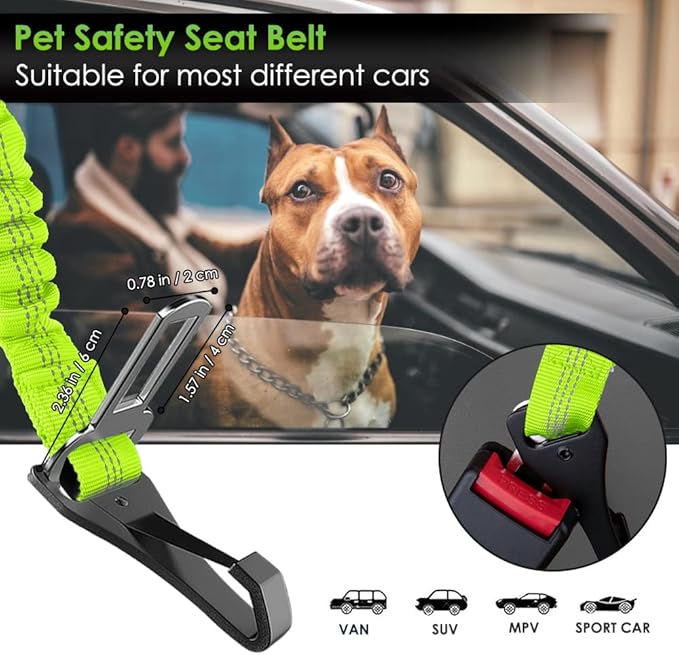 SlowTon Dog Seat Belt, Adjustable Dog Safety Belt Leash, 2 in 1 Latch Bar Attachment Dog Car Seatbelt with Elastic Nylon Bungee Buffer, Reflective Nylon Belt Tether (Lime)