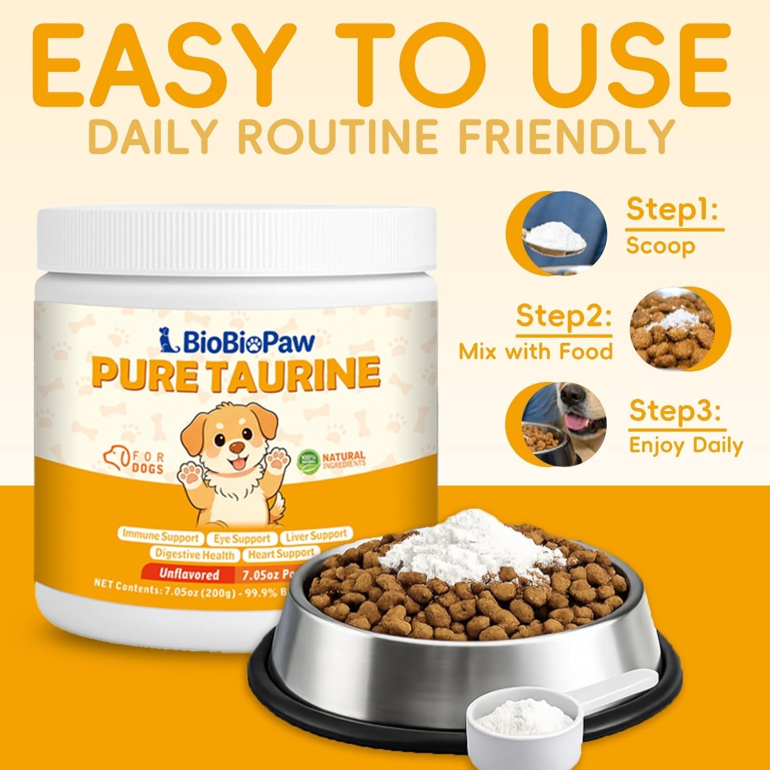 Taurine Powder for Dogs 500mg Pure Supplement Heart Immune Coat 200g