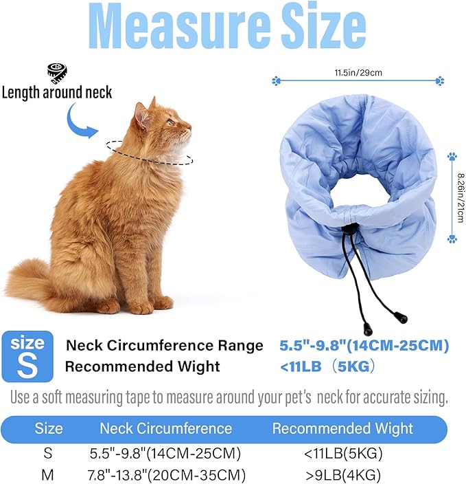 Cat Recovery Collar, Soft Adjustable Cone for Cats and Kittens, Lightweight Waterproof Elizabethan Collar for After-Surgery Care, Prevent Licking and Scratching, Neck Protector for Pets(Light Blue,S)