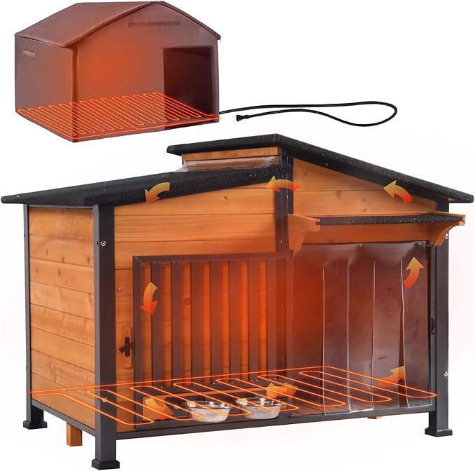 GUTINNEEN Heated Dog House Outdoor Dog Kennel with Safe Heated Pad, Chew-Proof Metal Frame and Rotating Food Bowl for Small to Medium Dogs, 39.7"x25.5"x32.2" (Dark Brown)