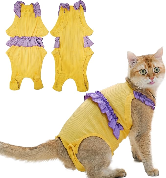 Cat Recovery Suit,Kitten Onesie After Surgery,E-Collar Alternative for Abdominal Wound and Skin Diseases,Soft Breathable Bodysuit After Spay(Yellow-s)