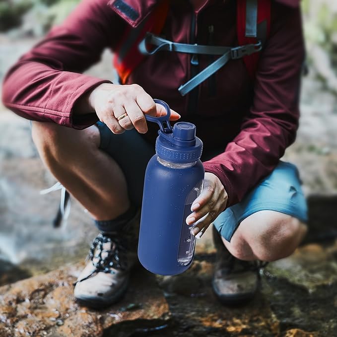 32 oz Glass Water Bottle with Straw and Handle, Sports Motivational Water Flask with Silicone Sleeve, Large Leakproof Water Flask Cup with Time Marker for Travel, Gym, Hot Pink