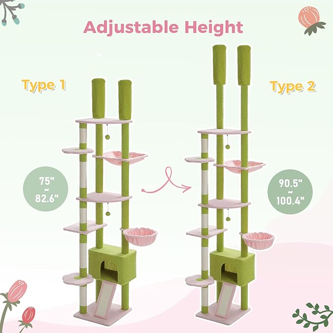 PEQULTI Tall Cat Tree Floor to Ceiling Cat Tower Adjustable Height (90.5&