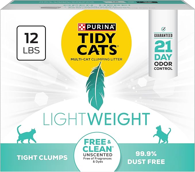 Purina Tidy Cats Lightweight Free and Clean Unscented, Multi-Cat, Clumping, 99.9 Percent Dust Free Cat Litter - 12 lb. Box