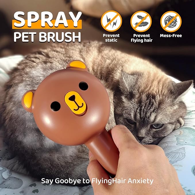 Cat Steam Brush, Self Cleaning Pet Spray Hair Removal Comb with Release Button, 3 In 1 Cat Brush for Indoor Cats, Waterproof Pet Grooming Brushes for Long Short Haired Dogs Cats(Brown)