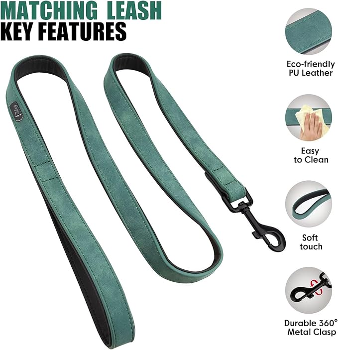 Didog Soft Padded Leather Dog Collar and Leash Set, Adjustable Dog Lead and Collar Set with Metal Buckle, Breathable Pet Collars with 4FT PU Leather Leash for Small Medium Dogs, Green, M