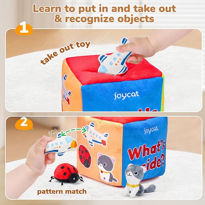 JoyCat Baby Toys 6-12 Months - Mystery Soft Box with 10 Sensory Objects, Rattle, Crinkle Paper, Mirror - What&