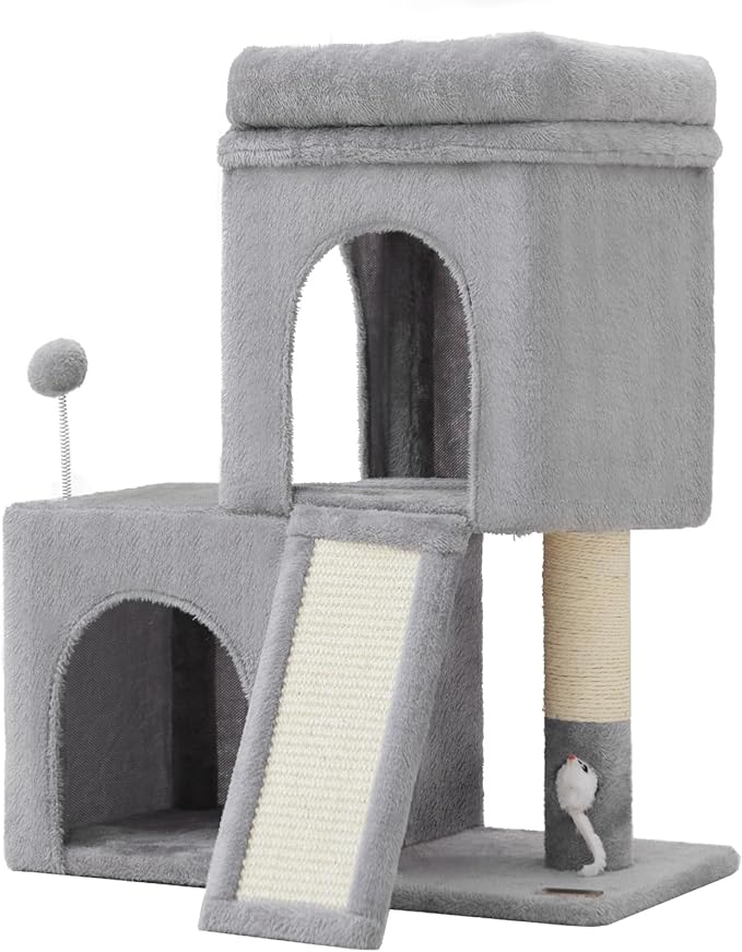 24inch Tall cat Tree with 2 cat condo and Mouse Toy Cozy Small cat Tower with Scratching Post and Board for Kitties and Small Cats.(Light Grey)
