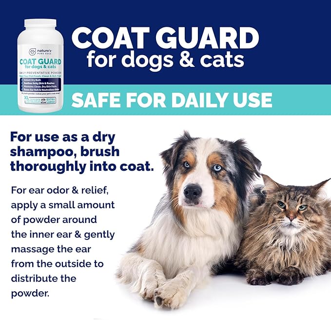 Coat Guard Dry Shampoo for Dogs and Cats - Extra Large 2 lbs Jar, Dog Dry Shampoo Powder, Waterless Dog Shampoo, Anti Itch Relief, Cedar Scented, Anti Dandruff, Hot Spots, Nature&