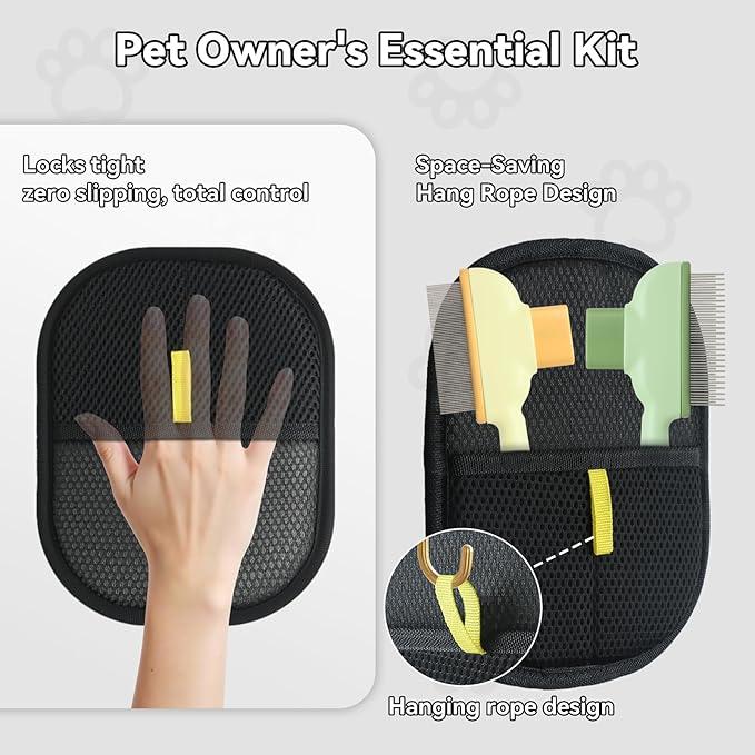 2 Pet Hair Removal Gloves, 2 Flea Combs for Cats and Dog,Reusable Electrostatic Gloves and Long & Short Flea Combs, 4 PCS pet hair removal tools