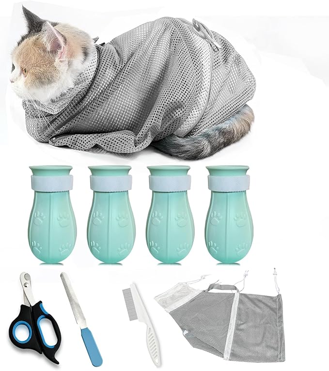 8 Piece Cat Grooming Supplies ,Adjustable Multifunctional Anti-Bite Shower net Bag,Cat Claw Covers,Cat Bath Brush and Cat Nail Clipper(Grey-B)