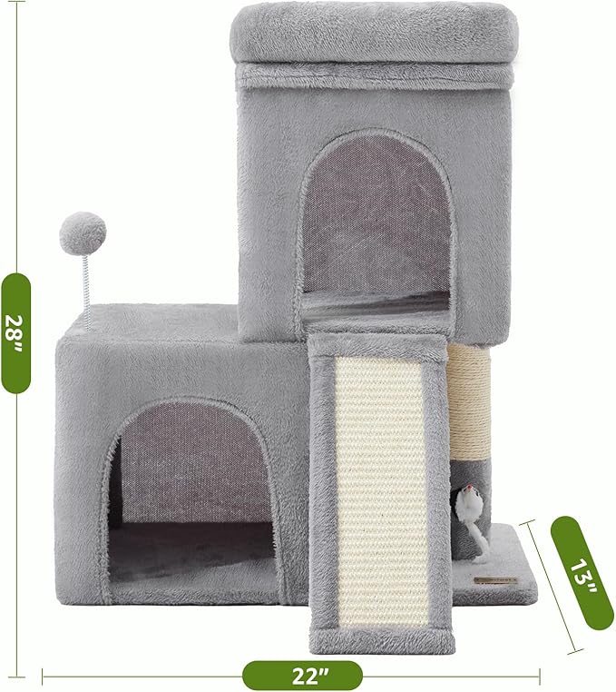 24inch Tall cat Tree with 2 cat condo and Mouse Toy Cozy Small cat Tower with Scratching Post and Board for Kitties and Small Cats.(Light Grey)