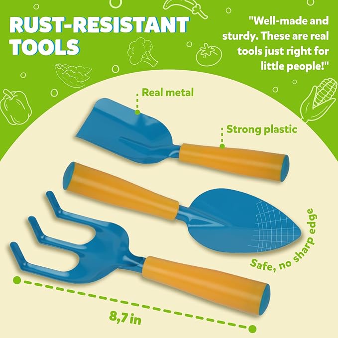 Blue Kids Gardening Tools - Includes Sturdy Tote Bag, Watering Can, Gloves, Shovels, Rake, and Delightful Children&