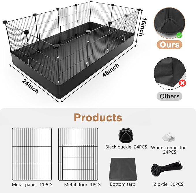 Tresbro Guinea Pig Cage with Waterproof PVC Bottom Liner & One-Hand Release Hook, Triple Fixing C&C Cage for Guinea Pigs, Bunny, Rabbit, Hedgehog, Small Animal Indoor Playpen 48&