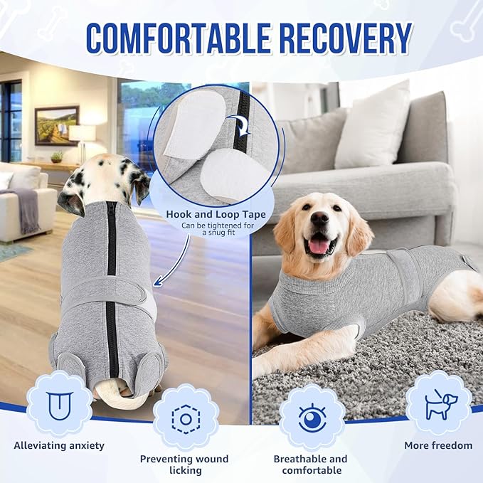 Lukovee Recovery Suit for Dogs - Zipper On Onesie for Female & Male Dogs, Abdominal Wounds Cone E-Collar Alternative, Prevent Licking - Spay Recovery Suit (Grey, XL)