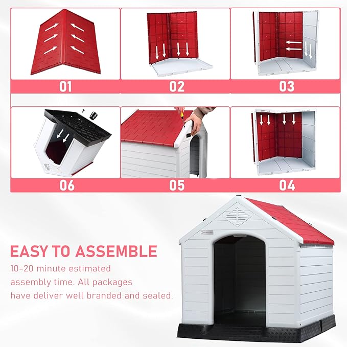 LEMBERI Durable Waterproof Plastic Dog House for Small to Large Sized Dogs, Indoor Outdoor Doghouse Puppy Shelter with Elevated Floor, Easy to Assemble (Red, 34&