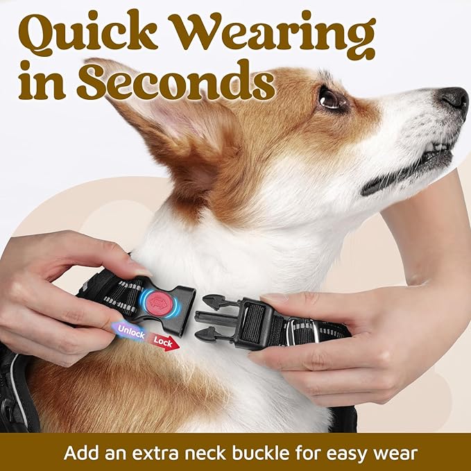 rabbitgoo Dog Harness for Large Dogs, No Pull Pet Vest with 3 Buckles, Adjustable Soft Padded Pet Harness with Easy Control Handle and Reflective Strips, Black, L