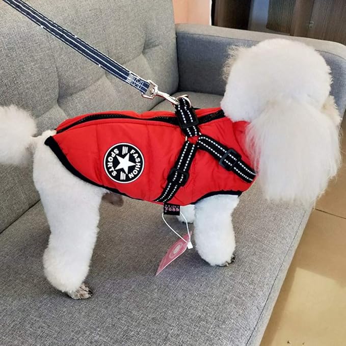HDKUW Small Dog Jacket, Small Dog Coat Harness Winter Warm Vest Jacket Waterproof Cotton Costume for Puppy Small Dogs (L, Red)