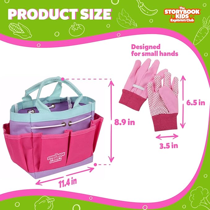 Pink Kids Gardening Tools - includes Sturdy Tote Bag, Watering Can, Gloves, Shovels, Garden Stakes, and a Delightful Children&