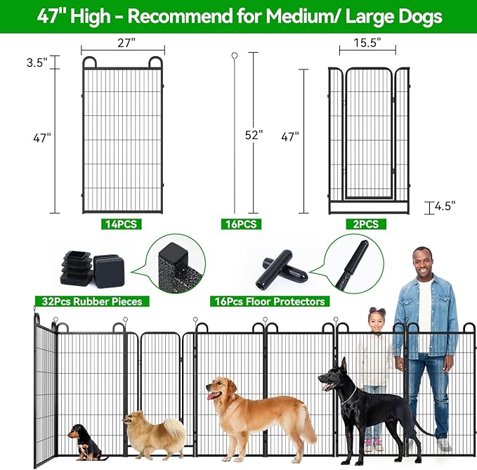 Dog Playpen Outdoor 16 Panels Heavy Duty Dog Fence 47" Height Anti-Rust with Doors Portable for RV Camping Yard, Total 36FT, 103 Sq.ft, Snowy Black