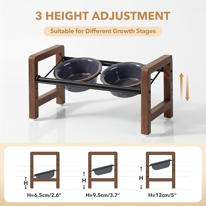 5.5inch Ceramic Adjustable Raised Double Bowls Set with Stand, 3 Heights Elevated, 2 Placement Options, Food and Water Dishes for Puppy, Cats(Double Bowls+Stand, Reactived Glaze -Grey
