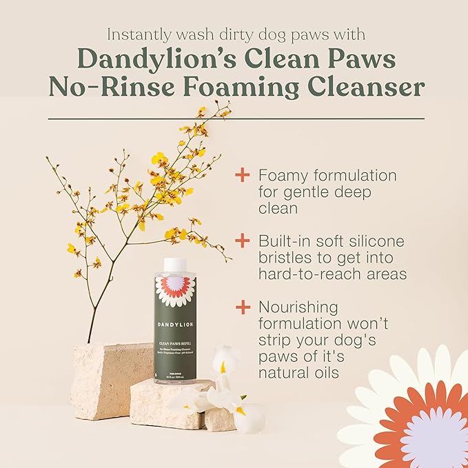 Dandylion Clean Paws Value Set – No‑Rinse Foaming Paw Cleaner with Built‑in Brush + 10 fl oz Refill