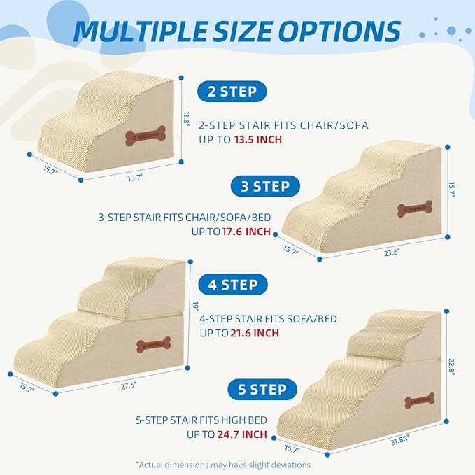 Dog Stairs 4 Steps for Small Dogs and Cats to Get on High Beds, Couch or Car, Pets Can Climb, Sit, Lie Down or Perch to Look Out Windows on The Spliceable Ramp, Provides Support, Beige(19" H)