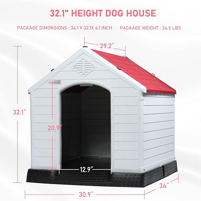 LEMBERI Durable Waterproof Plastic Dog House for Small to Large Sized Dogs, Indoor Outdoor Doghouse Puppy Shelter with Elevated Floor, Easy to Assemble (Red, 34&