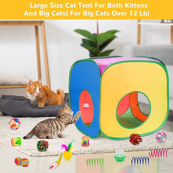 Retro Shaw 33Pcs Cat Toys for Large Cats, Interactive Kitten Toys for Indoor Cats Kitty with Collapsible Game Tunnel Tube Tent Feather Wand Teaser Bell Fuzzy Ball Springs Mouse Toys