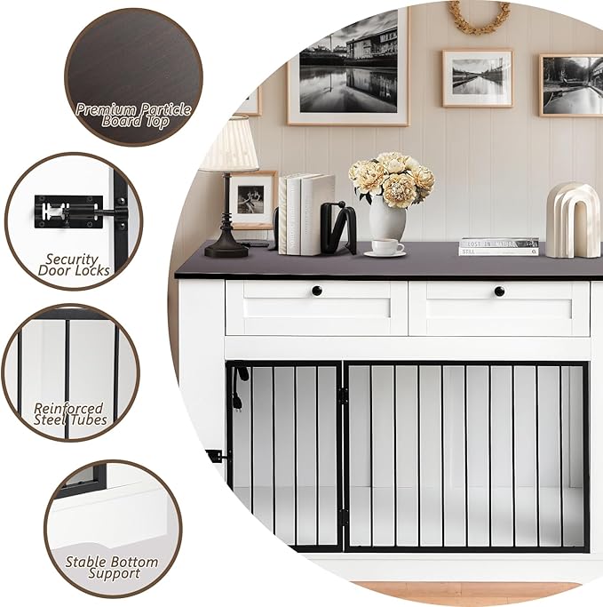 Large Dog Crate Furniture-Decorative Heavy Duty Dog Cage Indoor, Wooden Dog Cage End Table with Charging Station, Dog House with 2 Drawers (White, 47.2&