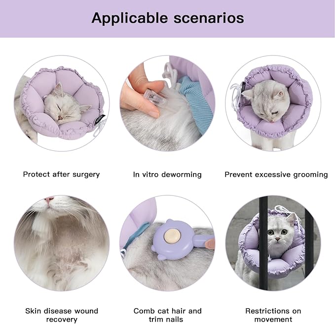 H HIDREAM Soft Cat Cone Collar, Cute Adjustable Cat Recovery Collar,Elizabethan e Collar That can Protect Head and Foot Wounds,Purple Flower All-Season Style
