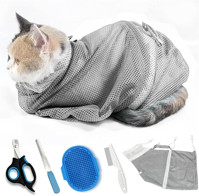 Adjustable Multifunctional Anti-Bite Shower net Bag,Cat Grooming Mesh Bag, Cat Bathing Bag,Cat Bath Brush and Cat Nail Clipper