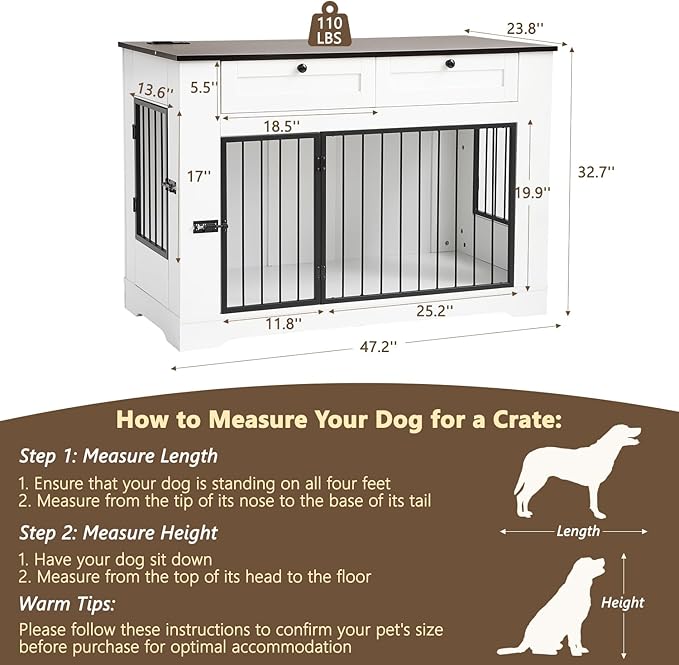Large Dog Crate Furniture-Decorative Heavy Duty Dog Cage Indoor, Wooden Dog Cage End Table with Charging Station, Dog House with 2 Drawers (White, 47.2&