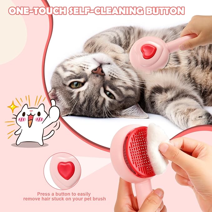 New cat brush&dog brush,pet hair brush with Self Cleaning Button Easy to remove loose undercoat,Needle-tip massage beads, no harm to the skin,Lovely Heart Series(Pink)