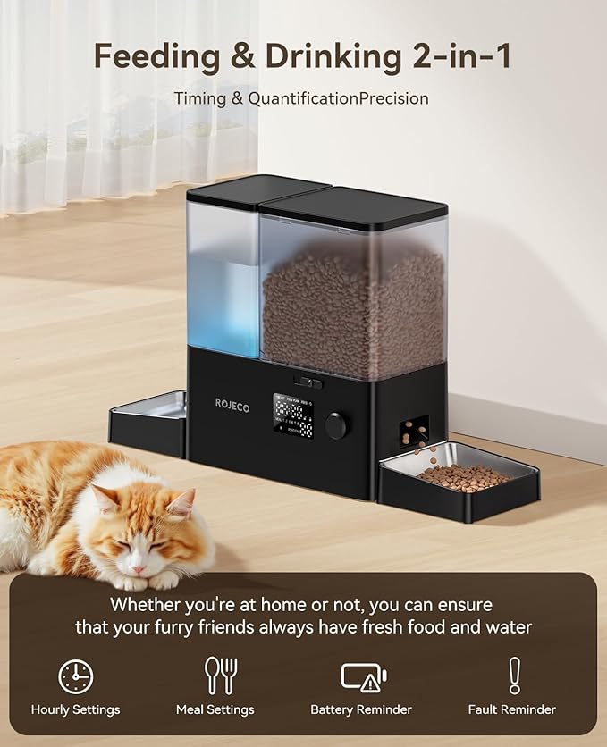 Rojeco 36Cups/8.5L Pet Automatic Cat Feeder and Gravity Water Dispenser,Stainless Steel Bowls 2-in-1 Set Large Capacity 5L Food Feeder and 3.5L Water Fountain for Cats,Pets,Small Dogs,Black