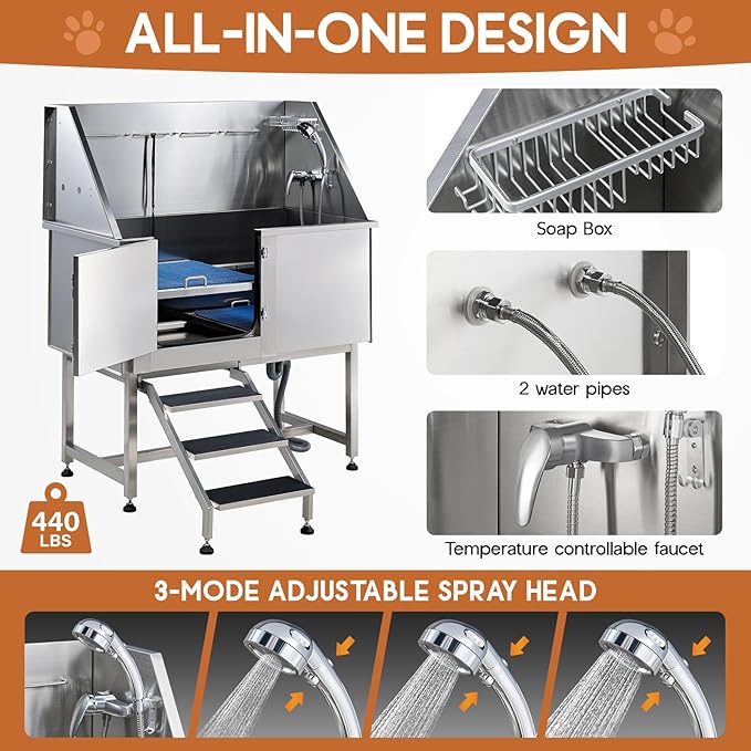 Albott 50-Inch Stainless Steel Dog Washing Station with Anti-Slip Steps, Sprayer, Faucet, and Soap Box – Professional Pet Bathtub for Medium/Small Pets, Ideal for Home, Garage, and Grooming(Left)