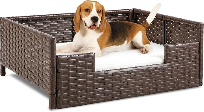 YITAHOME Rattan Dog Sofa Bed with Cushion,Wicker Pet Bed Sofa Couch Indoor Outdoor Water Unaffected for Large Medium Small Dogs Cats (24.8&
