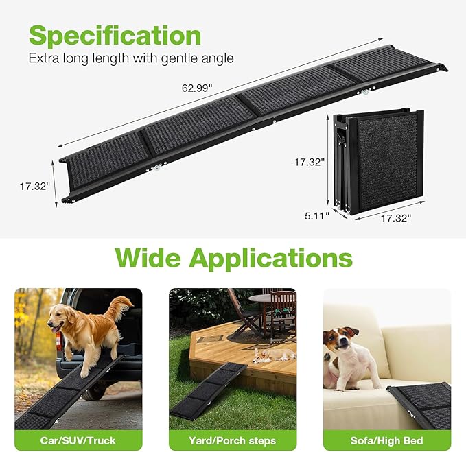 Dog Ramp for Car,63" x 17" Wide Folding Pet Ramp Dog Ramps for Medium & Large Dogs with Non-Slip Rug Surface ,Portable Dog Car Ramp for SUV Car & Truck, Outdoor Dog Ramp Up to 250 LBS