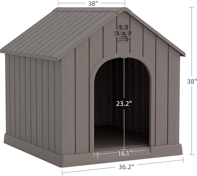 Large Dog House Outdoor Indoor for Medium Large Dogs, Durable Plastic Waterproof Doghouse with Air Vents and Elevated Floor, Easy Clean and Assemble (Grey, 36.2&