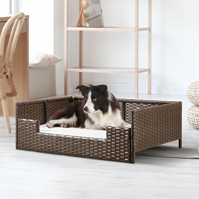 YITAHOME Rattan Dog Sofa Bed with Cushion, Wicker Pet Bed Sofa Couch Indoor Outdoor Waterproof for Large Medium Small Dogs Cats (34.6&