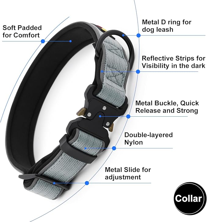 Plutus Pet Tactical Dog Collar, Reflective, Adjustable Heavy Duty Dog Collar, Soft Padded and Comfortable, for Small Medium and Large Dogs (Gray, XL)