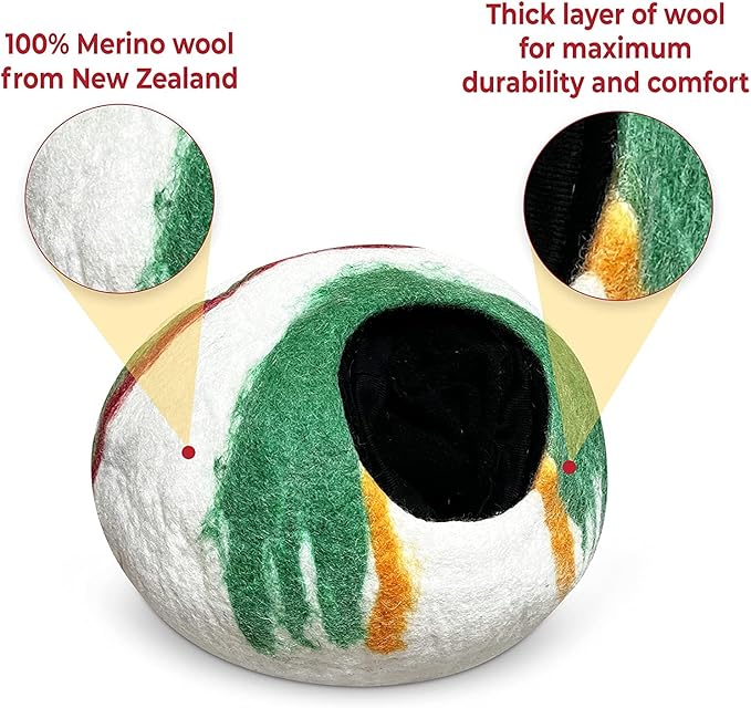 Woolygon Premium Felt Cat Cave Bed β Wool Kitty Beds Handcrafted Kitten Caves Bed for Indoor Cats - Made from 100% Eco-Friendly Merino Wool, Foldable Cat Hidewawy Covered Cat House Pod (Candy Swirl)