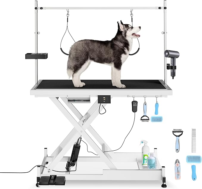 Heavy Duty Electric Lifting Pet Dog Grooming Table for Large Dogs with Overhead Arm, Anti-Skid Rubber Desktop and Powerful Motor, 50&