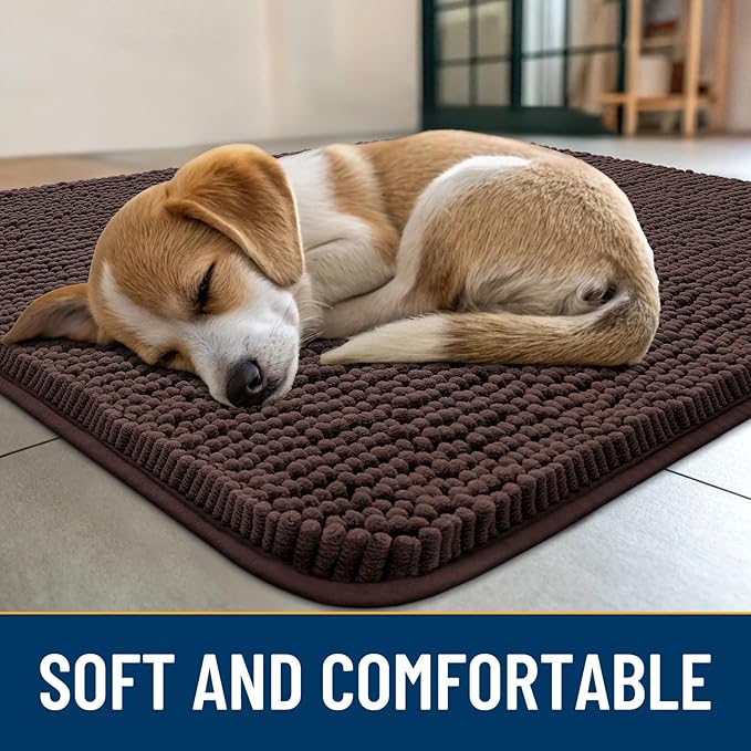 Smiry Dog Door Mat for Muddy Paws 36x24, Absorbs Moisture and Dirt Doormat, Non-Slip Washable Quick Dry Chenille Front Door Mat Indoor Entrance, Entryway Carpet for Inside Floor, Brown