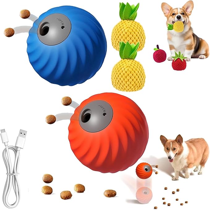 Zoomie Buddy 2.0, Zoomie Buddy for Dogs, 2 in 1 Smart Touch Interactive Dog Balls & Pet Feeder, 2.83" Diameter, Suitable for Small/Medium Dogs, with Fruit Plush Cover (Blue+Orange, Pineapple)