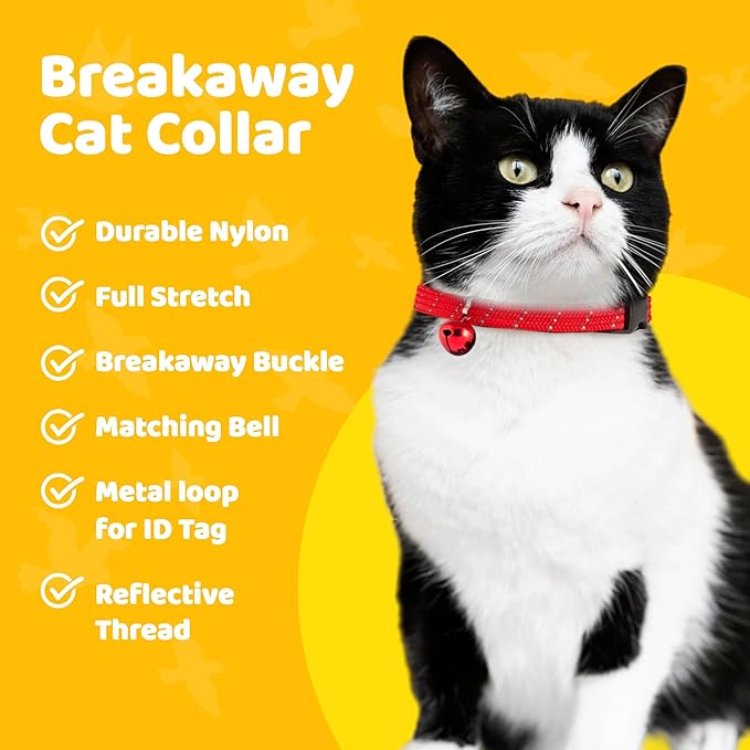 BirdsBeSafeĀ® Break Away Cat Collar with Bell, Reflective Thread for Night Visibility, Comfortable Elastic Stretch Cat Collar to Protect Cat from Getting Stuck in The Garden.
