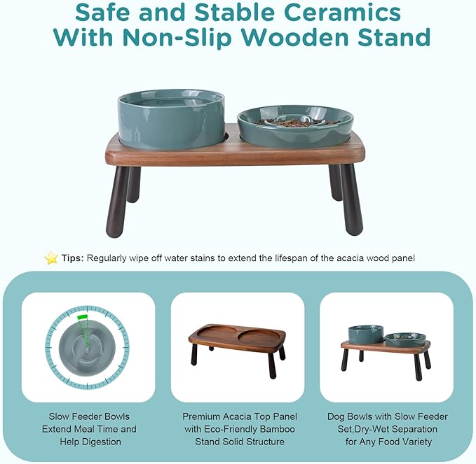 SPUNKYJUNKY Ceramic Elevated Dog Bowls with Slow Feeder Raised with Acacia Bamboo Wooden Stand, 6.1&