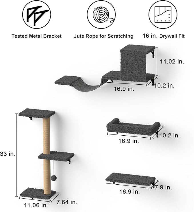 FUKUMARU Cat Wall Shelves, Stable & Safe 4 in 1 Cat Furniture Set, Wooden Climbing Wall with Scratching Post for 16 Inch Drywall - Gray
