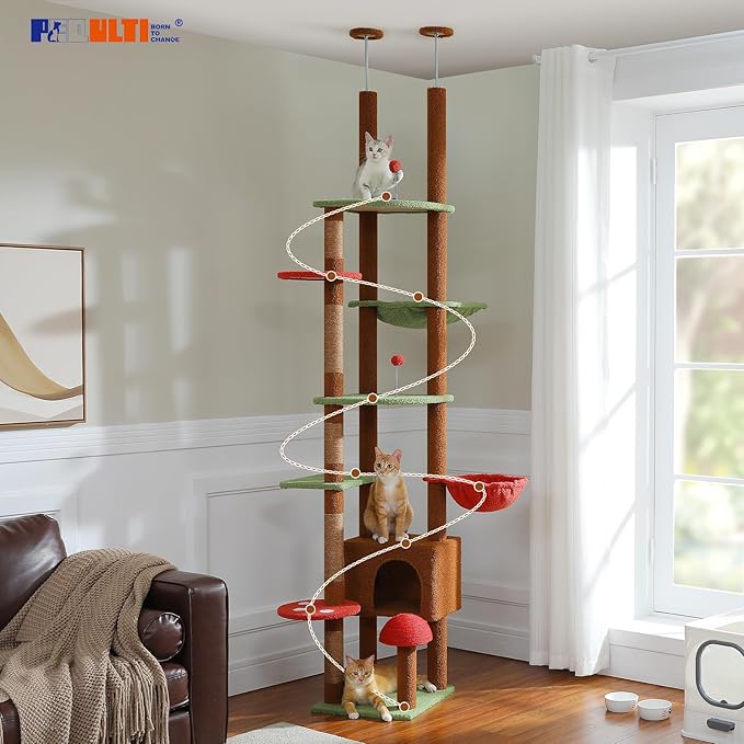 PEQULTI Mushroom Cat Tree Floor to Ceiling Cat Tower Adjustable Height (90.5&